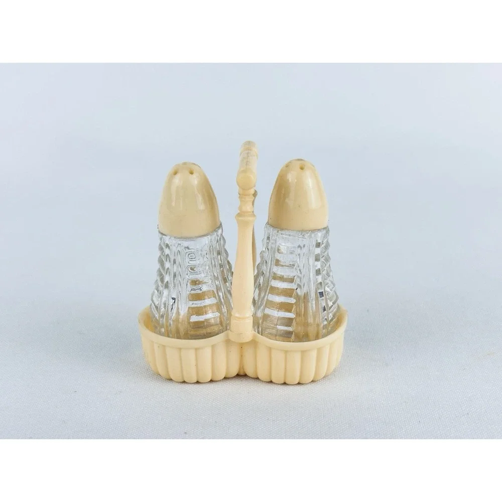 Vintage White/Cream LAPIN Glass Salt & Pepper w/ Plastic Basket Holder Retro MCM